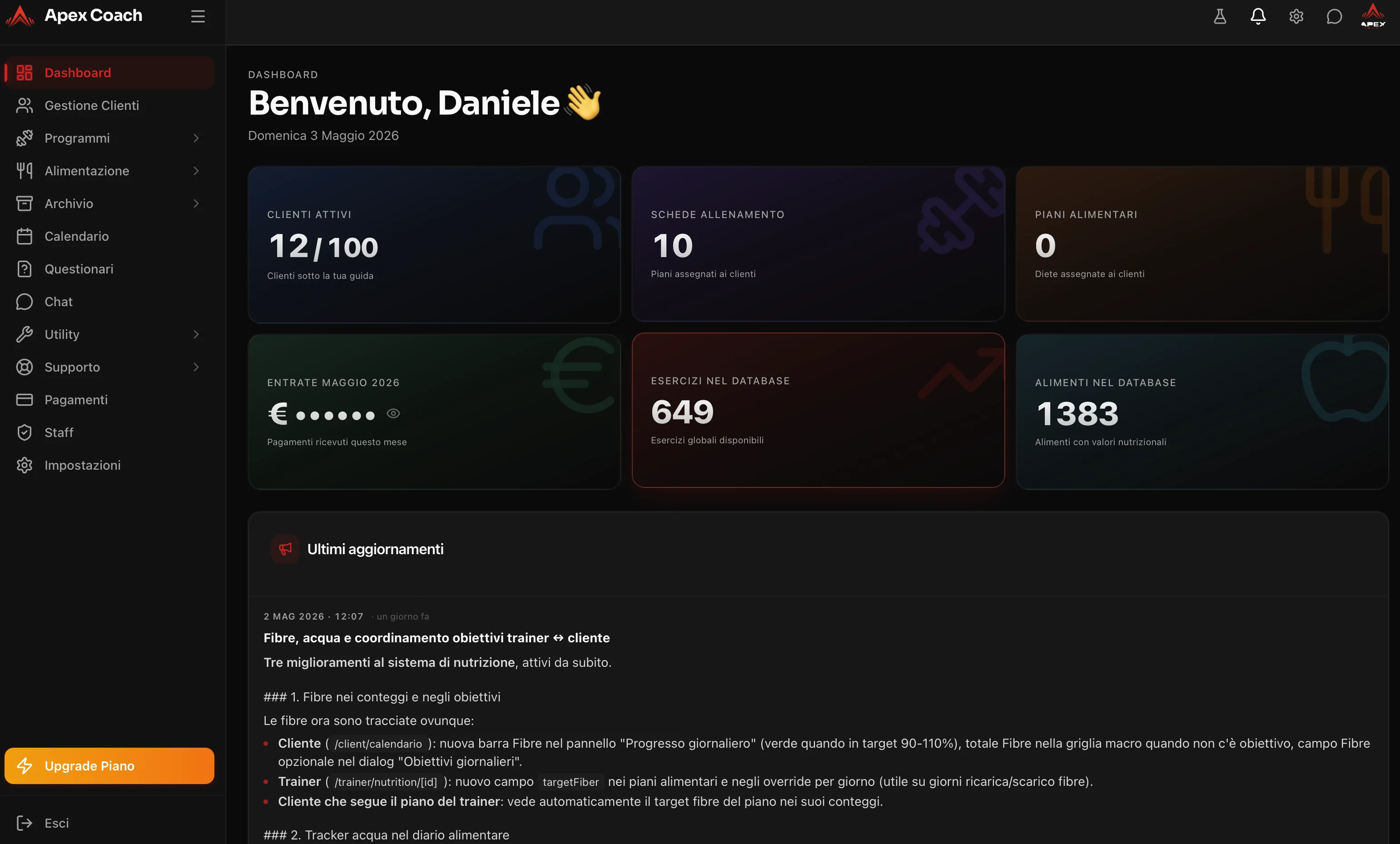 Dashboard trainer Apex Coach: clienti attivi, schede, piani alimentari e entrate del mese