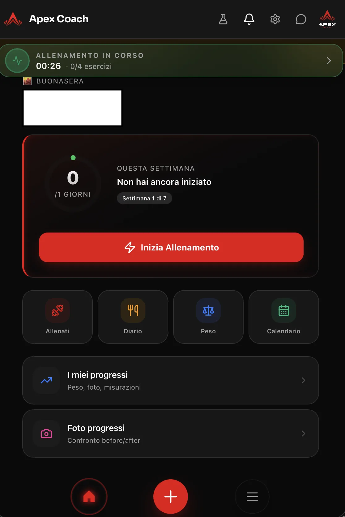 La home cliente su mobile con allenamento del giorno
